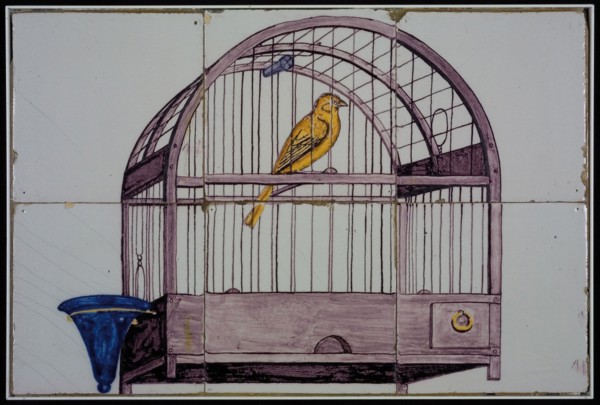 Rotterdam tile picture, six tiles, yellow, purple and blue on white, canary in cage with blue water bowl, tile picture material