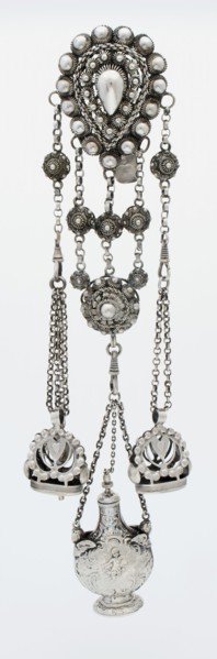 Silver chatelaine with two signets, watch key and vial, chatelaine clothing accessory clothing silver, Crochet chain knot