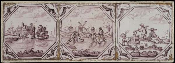 Tile field, three tiles, all with scene decoration in octagon, manganese on white, cityscape, ice face and shepherd scene