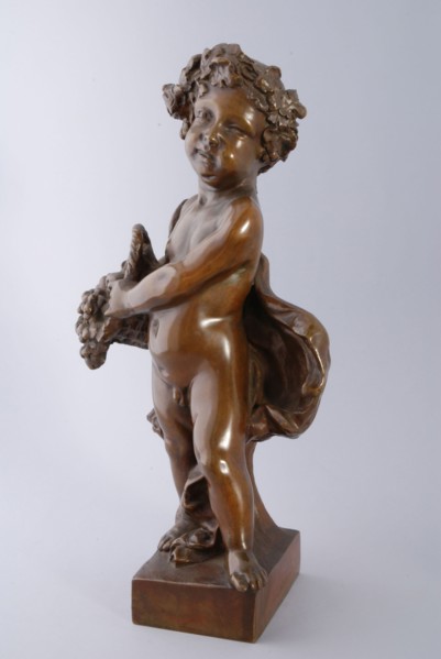 Simon Miedema, Cast bronze statue of child with wreath on head and flower basket in hand, autumn, from series the seasons