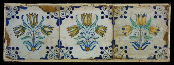 Rectangular tile field, three tiles, floral decor, orange, blue and green on white, three-tier, corner design, tile field wall