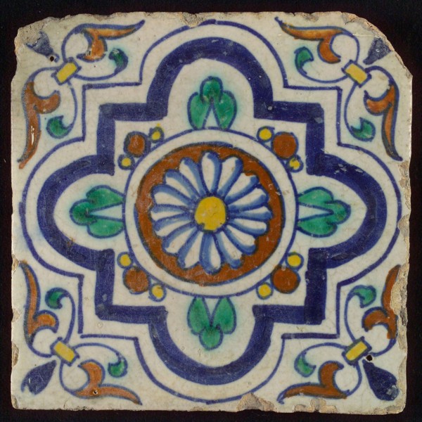 Ornament tile, central rosette with four-step variant frame, corner motif wing leaf, wall tile tile sculpture ceramic