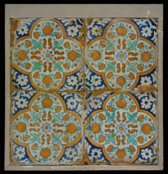 Tile field, four tiles, central decor, with orange, blue and green on white, pompadour, frame: vierpas, tiled field wall tile