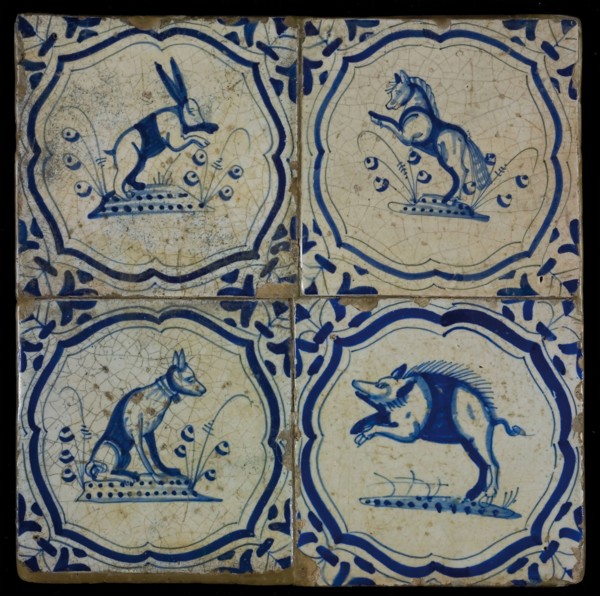 Tile field, four tiles, animal decor, blue on white, with hare, horse, dog and wild boar in braces, corner motif, wing, tiled