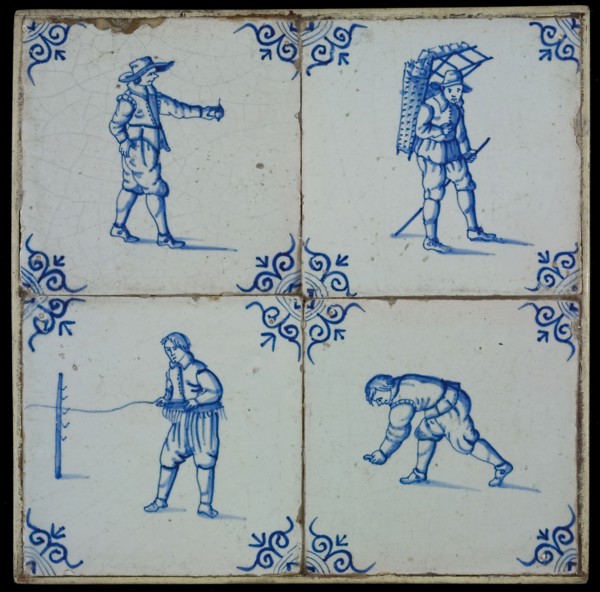 Tile field, four tiles, figure decor, blue on white, various games and one peddler, corner pattern ox head, tile field wall tile