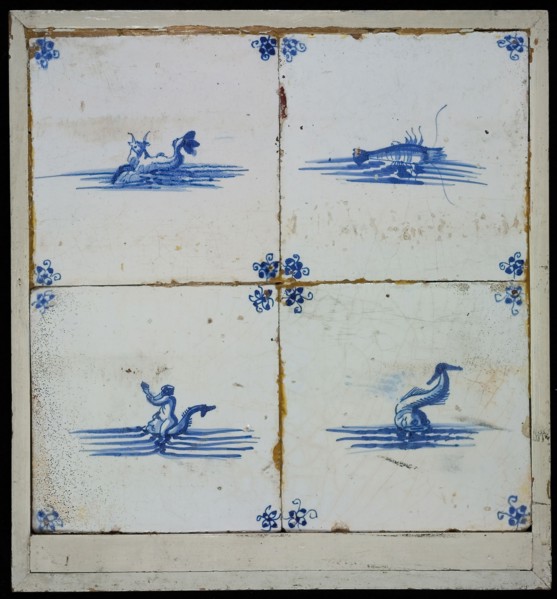 Tile field, four tiles, scene decor, blue on white, two fish and two sea creatures, corner pattern spider, tile field wall tile