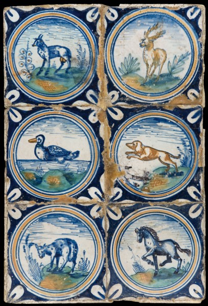 Tile field, six tiles, animal decor, orange, green and blue on white, including deer, duck, dog and horse, in circle with