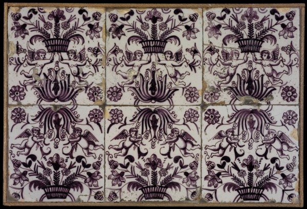 Tile field, six ornament tiles, floral decor, purple on white, flower basket worn or crowned by an angel, tiled field wall tile