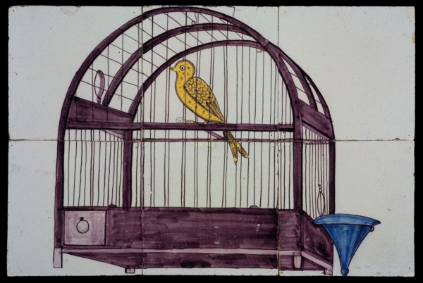 Van der Wolk, Tile panel, six tiles, yellow and purple on white, canary in bird cage with blue water tray, tile picture material