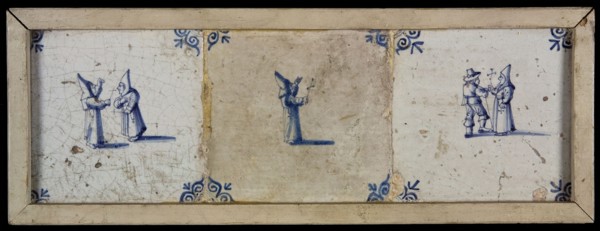 Tile field, three tiles, blue on white, two monks with cross in pipe, monk with cross in pipe, monk with cross in his legs