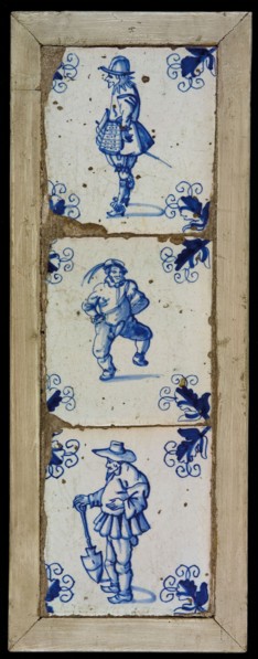 Tile field, three tiles, blue on white, warrior, dancing artist, man with shovel, corner motif, tile field wall tile tile