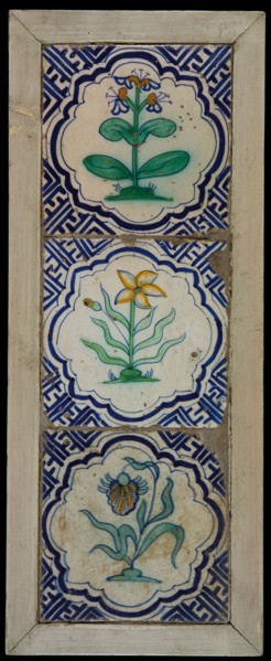 Tile field, three tiles, floral decor, orange, yellow, blue and green on white, corner motif meander, tiled field wall tile tile