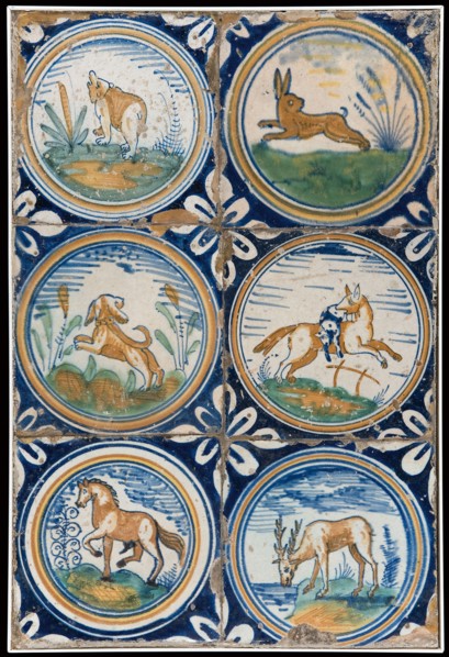 Tile field, six tiles, animal decor in circular band, corner motif quarter rosette, tile field wall tile tile image ceramics