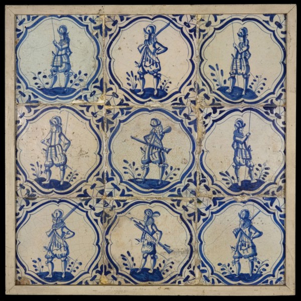 Tile field, nine tiles, blue on white, soldiers in brace frame, corner motif, tiled field wall tile tile sculpture ceramic