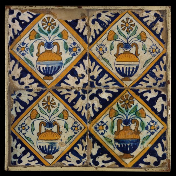 Tile field, four tiles, orange, green and blue on white, flowerpot in square, corner pattern palmet, tile field wall tile tile