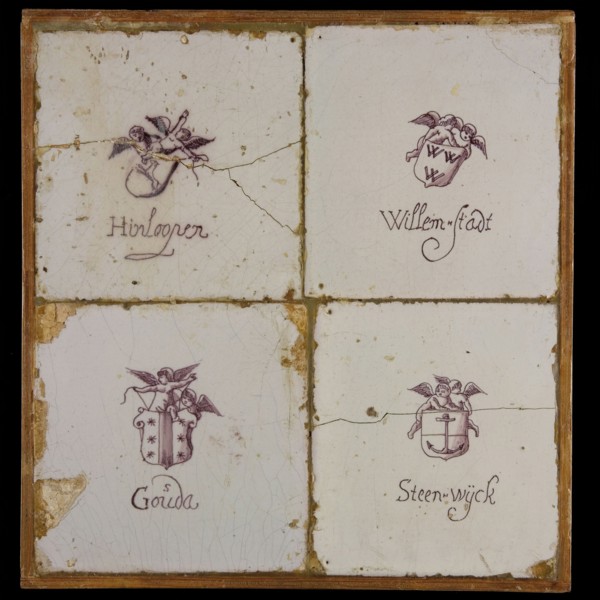 Tile field, four tiles, purple on white, city coat of arms Hinloopen, Willem-stadt, Gouda, Steen-wijck, tiled field wall tile