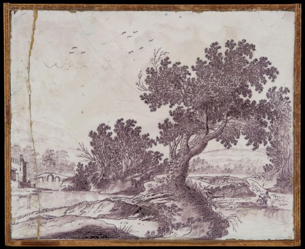 Rectangular plaque, purple on white, with landscape in which people on the right and bridge on the right, plaque tile footage
