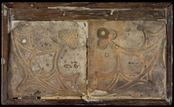 Tile field, two tiles, yellow reddish brown, carved decor, ornamental design, tiled field wall tile tile sculpture ceramics