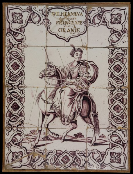 Tile panel, twelve tiles, purple on white, Wilhelmina de Pruysen, Princesse van Oranje on horseback, tile picture ceramic