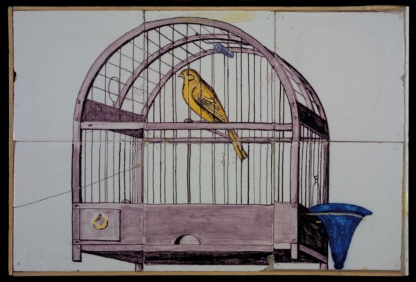 Van der Wolk, Tile panel, six tiles, yellow, purple and blue on white, canary in bird cage with blue water tray, tile picture