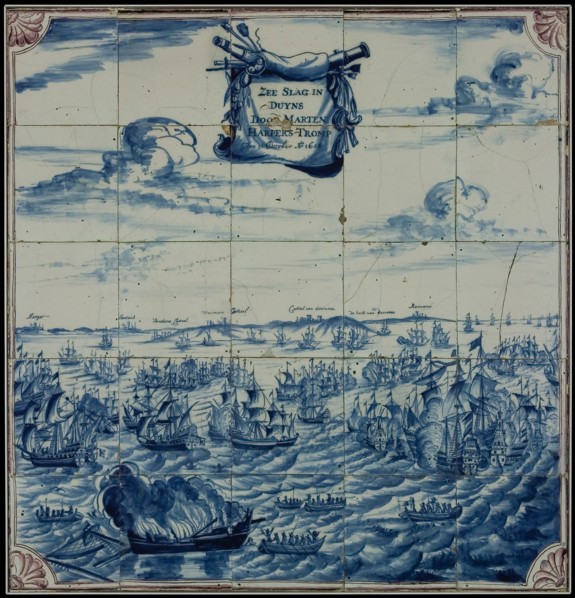 Blue tile picture with purple details, sea battle at Duins led by Maarten Harpertszn. Tromp, tile picture material ceramics