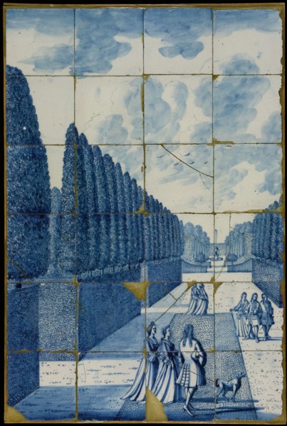 follower of: Cornelis Boumeester, Blue tile picture, walking company in formal garden with fountain and row of trees, tile