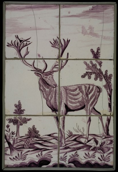 Tile panel, six tiles, purple on white, deer in landscape, tile picture material ceramic earthenware enamel, baked 2x glazed