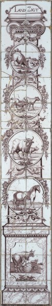 Tile pilaster, purple on white, Ionic pilaster on which Landzigt, four medallions with animal scenes, and on base milking