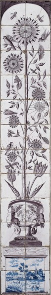 Tile Pillaster, purple, bottom in blue village view, water with rowing boat and swans, on top pedestal vase decorated with putti