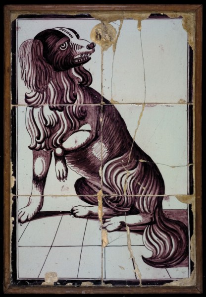 Tile panel, six tiles, purple on white, sitting dog with lifted left front leg, tile picture ceramic earthenware glaze, baked 2x