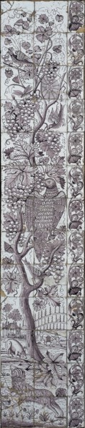 Tile pilaster, grape vines with birds, insects, spider in web, at foot of tree dog, left pig, right farmer with donkey, tile