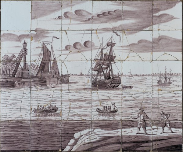 Verwijk, Purple tile picture, berth with ships (Vlaardingen?), tile picture ceramic earthenware glaze, baked 2x glazed painted