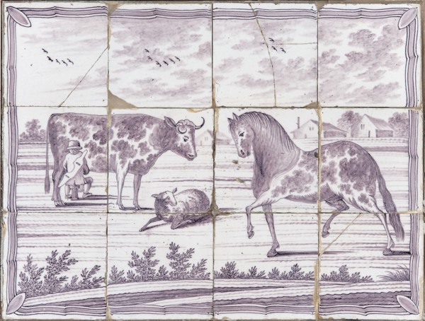 Purple tile picture with cow, horse and sheep, tile picture material ceramics pottery glaze wood, baked 2x glazed painted Four