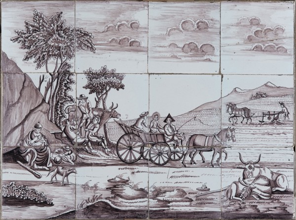 atelier Verwijk, van Traa, Purple tile picture with landscape with farm wagon, plowing farmer, nursing mother, tile picture
