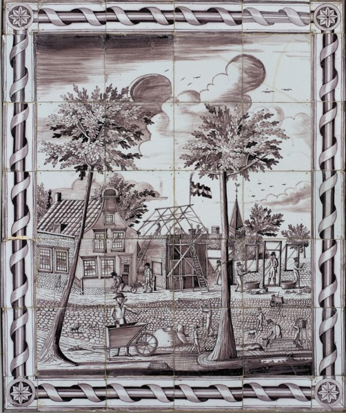atelier Verwijk?, Purple tile picture with decorative edge, view of construction company, tile picture material ceramic
