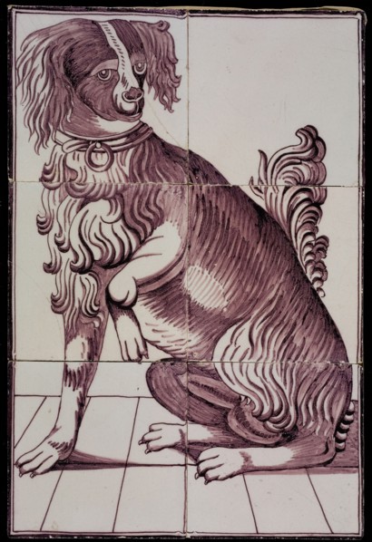 Tile panel, six tiles, purple on white, sitting dog, tile picture material ceramics pottery glaze, baked 2x glazed painted