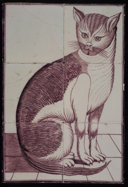 Purple tile tableau, sitting cat to the right, looking angry, stuck on the plate, tile picture material ceramics pottery glaze