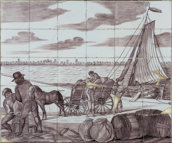 Verwijk, Purple tile picture, loading ship with grain, tile picture material ceramics pottery glaze wood, baked 2x glazed