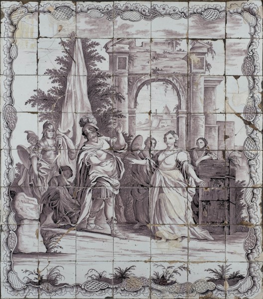 Verwijk, Purple tile tableau, Jefta and his daughter, tile picture material ceramics pottery glaze wood, baked 2x glazed painted