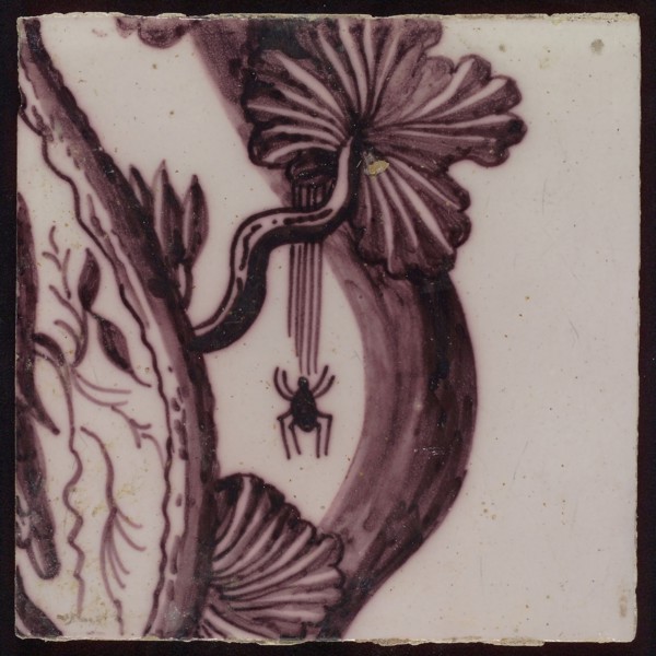 Tile of tile pilaster with twisted column with leaves of grapes, grapes, insects, spiders and bird, tile pilaster footage