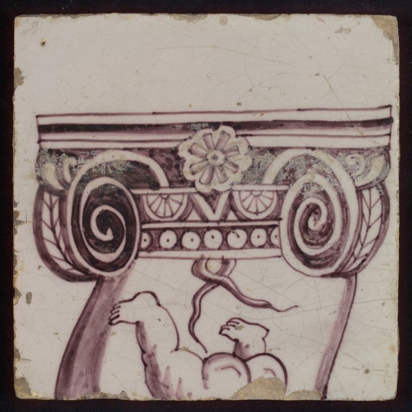 Tile of purple pilaster with twisted column around which branch of leaves, bunches of grapes and angels, tile pilaster footage
