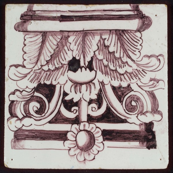 Tile of pilaster with purple corinthian capitals, tile pilaster image fragment ceramic earthenware glaze, baked 2x glazed