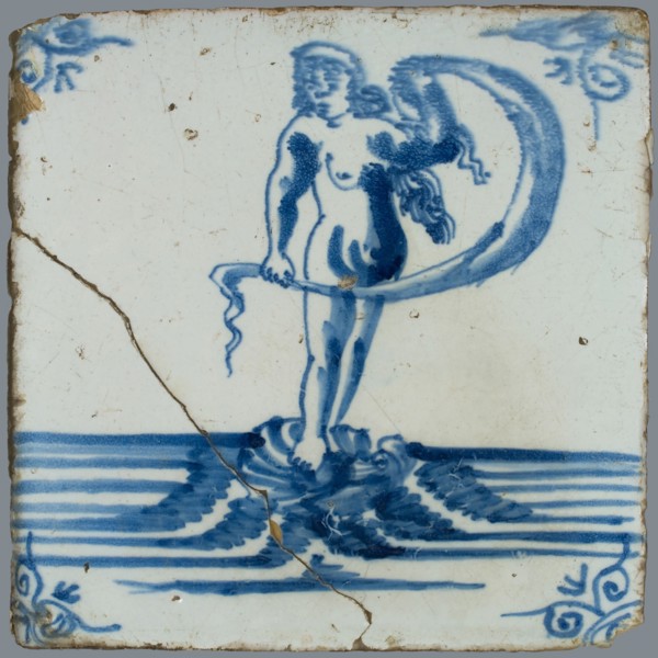 Scene tile, in tile field of eight, four high, two wide; sea creature tile in blue, lady Fortuna standing on shell at sea
