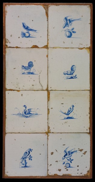 Tile field, eight tiles, blue on white, birds, including two cocks on the ground, tiled field wall tile sculpture ceramics
