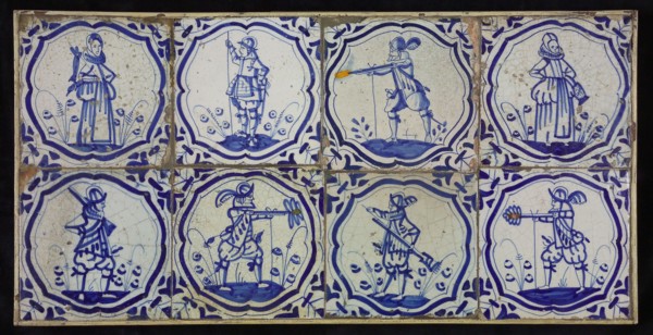 Tile field, eight tiles, blue on white, six warriors, two women, all in brace-frame, corner motif, wing, tiled field wall tile