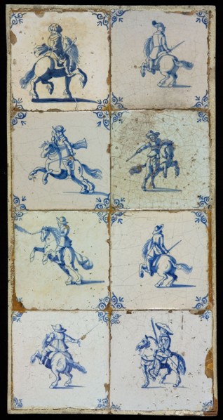 Tile field, eight tiles, blue on white, riders, corner motifs ox's head, tiled field wall tile tile sculpture ceramic