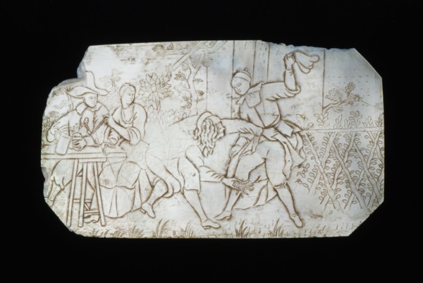 Panel of mother-of-pearl with incised scene from play or saying, embossed nacre shell, Panel of mother-of-pearl