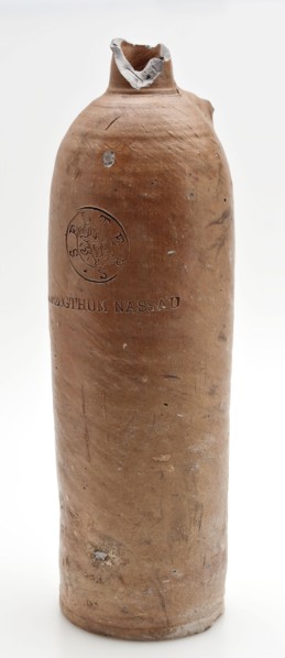 Stoneware mineral water pitcher, cylindrical with round shoulder, sausage ear and short neck, mineral water pitcher jar product