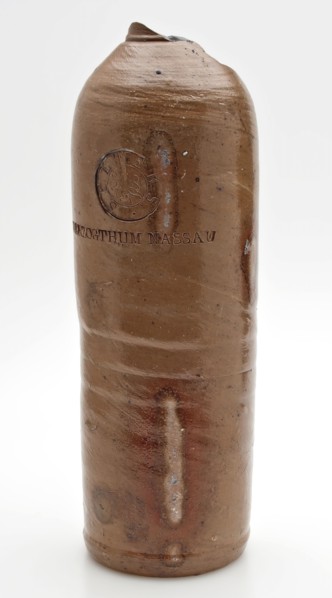 Stoneware mineral pitcher, cylindrical with round shoulder, sausage ear and short neck, mineral water pitcher jar product
