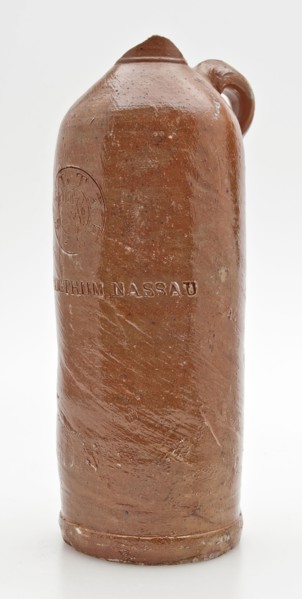 Stoneware mineral pitcher, cylindrical with round shoulder, sausage ear and short neck, mineral water pitcher jar product